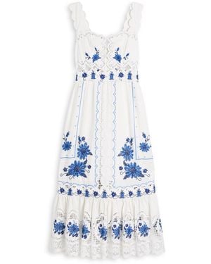 FARM Rio Floral-Embroidered Linen-Blend Midi Dress - White