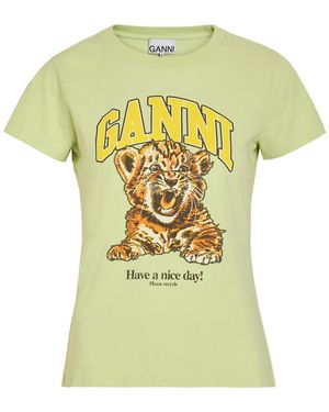 Ganni Printed Cotton T-Shirt - Yellow