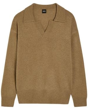 BOSS Open Collar Wool Polo Sweater - Natural
