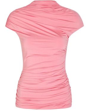 Self-Portrait Gathered Stretch-Jersey Top - Pink