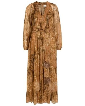 Zimmermann Carousel Belted Metallic Silk-Chiffon Midi Dress - Natural