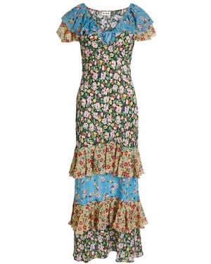 RIXO London Benoite Floral Ruffled Silk Midi Dress - Blue