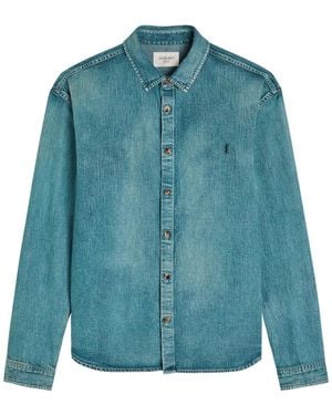 Saint Laurent Logo-Embroidered Faded Denim Shirt - Blue