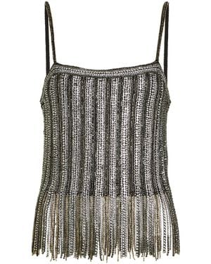 Alice + Olivia Chi Embellished Fringed Stretch-Mesh Top - Brown