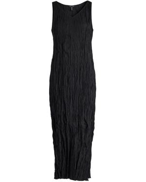 Eileen Fisher Crinkled Plissé Silk Midi Dress - Black