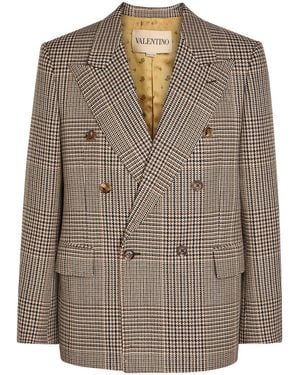 Valentino Garavani Houndstooth Double-Breasted Wool Blazer - Brown