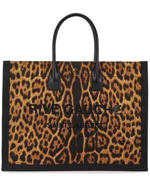 Saint Laurent Rive Gauche Leopard Print Canvas & Leather Tote - Brown
