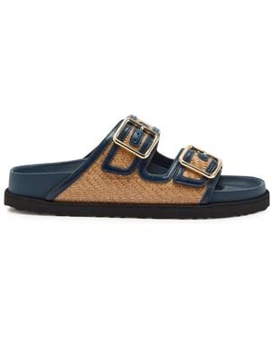 Birkenstock Arizona Framed Raffia And Leather Sliders - Blue