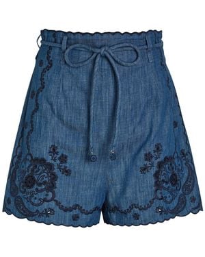 Zimmermann Aster Embroidered Belted Denim Shorts - Blue