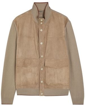 Canali Paneled Suede And Ribbed-Knit Jacket - Natural
