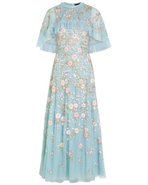 Needle & Thread Eden Rose Embroidered Cape-Effect Tulle Gown - Blue