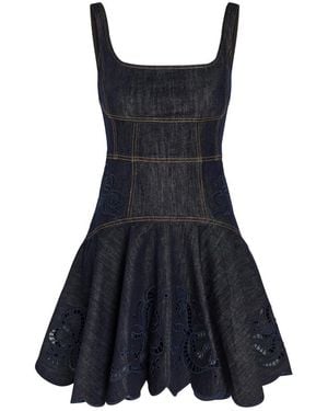 Self-Portrait Embroidered Panelled Denim Mini Dress - Blue