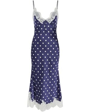 Self-Portrait Polka Dot Lace-Trim Satin Midi Dress - Blue