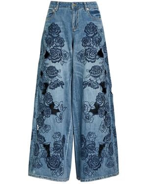 Alice + Olivia Sidney Floral-Embroidered Wide-Leg Jeans - Blue