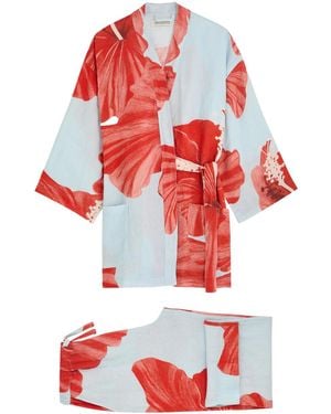 Desmond & Dempsey Grand Hibiscus Printed Linen Pyjama Set - Red