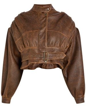 Chloé Belted Grained Leather Cropped Bomber Jacket - Brown
