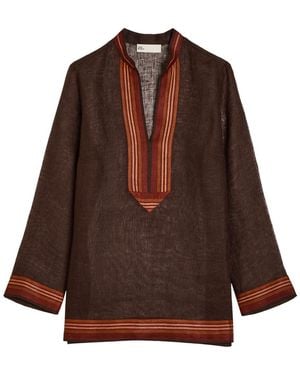 Tory Burch Stripe-Trimmed Semi-Sheer Linen Tunic - Brown