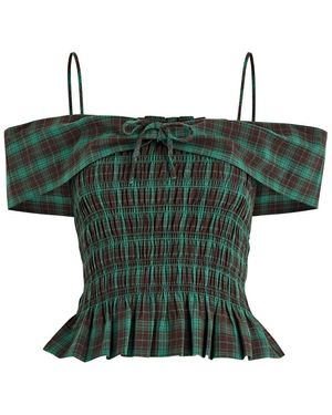 Damson Madder Elsa Smocked Checked Cotton Top - Green
