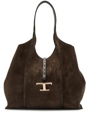 Tod's T-Plaque Suede Tote - Brown