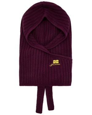 Ganni Core Future Logo-Embroidered Wool-Blend Balaclava - Purple