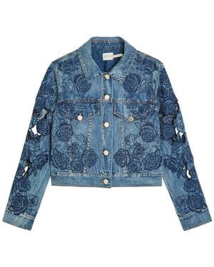Alice + Olivia Chloe Embroidered Cut-Out Denim Jacket - Blue