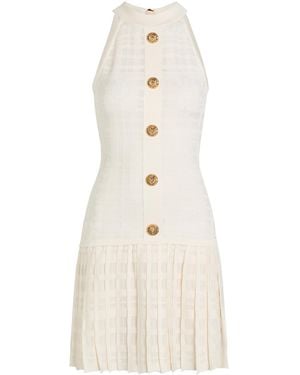 Balmain Checked Pleated Stretch-Knit Mini Dress - Natural