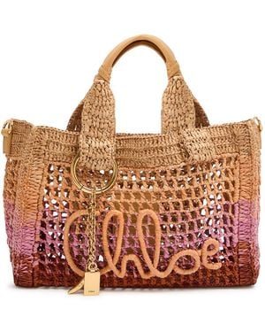 Chloé Summer Banana Logo Leather And Raffia Tote - Red