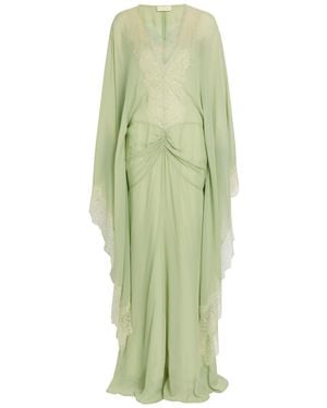 De La Vali Evita Lace-Trimmed Draped Georgette Maxi Dress - Green