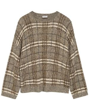 Brunello Cucinelli Checked Embellished Knit Jumper - Natural