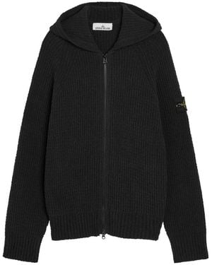 Stone Island Hooded Ribbed-Knit Cotton Jumper - Black