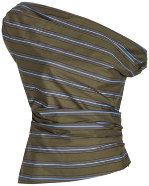 STAUD Phare Striped Asymmetric Stretch-Cotton Top - Green