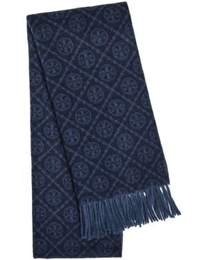 Tory Burch Logo-Monogrammed Wool And Cashmere-Blend Scarf - Blue