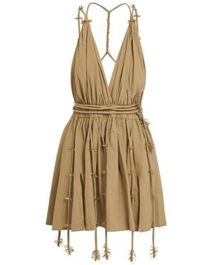 Caravana Bead Embellished Halterneck Cotton Mini Dress - Natural