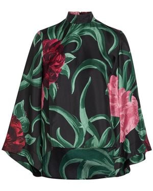 La DoubleJ Make An Exit Floral-Print Silk-Twill Top - Green