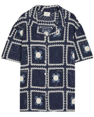 CHE Tejer Patchwork Crot Open-Knit Shirt - Blue