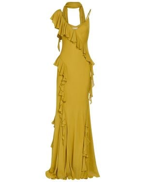 De La Vali Mayara Scar-Effect Ruffled Chiffon Gown - Yellow