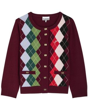 Ganni Patterned-Intarsia Wool-Blend Cardigan - Red