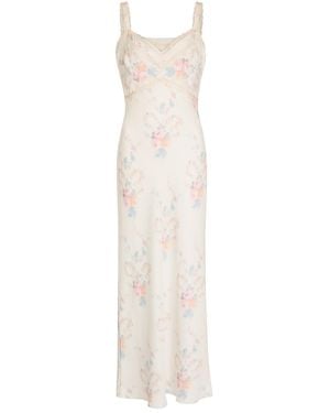 LoveShackFancy Annabeth Floral Satin Maxi Slip Dress - White