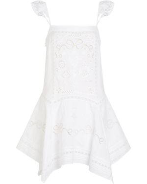 Self-Portrait Embroidered Linen-Blend Mini Dress - White