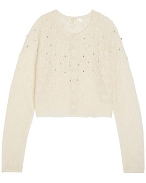 LoveShackFancy Calico Embellished Pointelle-Knit Cropped Cardigan - Natural