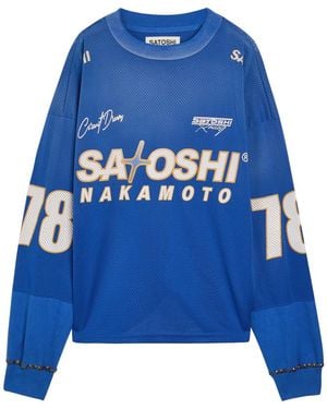 Satoshi Nakamoto Mesh Moto Logo-Print Mesh Jersey T-Shirt - Blue