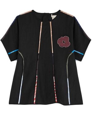 LOVEBIRDS Striped Linen-Blend Top - Black