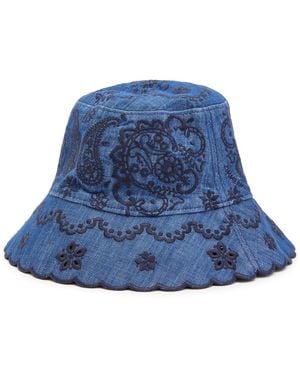 Zimmermann Paisley-Embroidered Scallop-Edge Bucket Hat - Blue