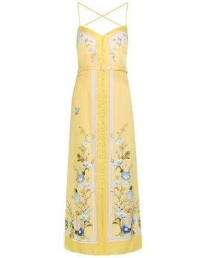 Self-Portrait Belted Floral Satin Midi Dress - Yellow