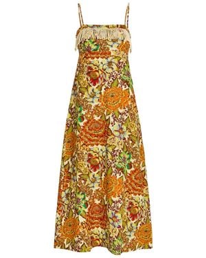 ALÉMAIS Lana Floral-Print Fringed Linen Midi Dress - Yellow