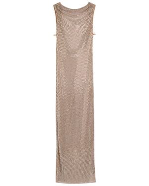 Self-Portrait Rhinestone Draped Mesh Gown - Natural