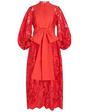 Erdem Floral Cutwork Poplin Midi Shirt Dress - Red