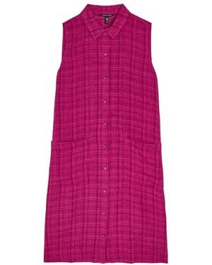 Eileen Fisher Plaid Linen Mini Shirt Dress - Pink