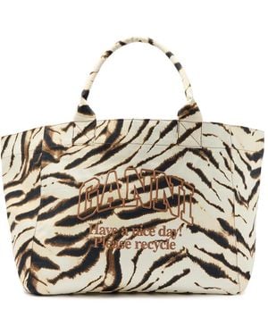Ganni Printed Xxl Shopper Canvas Tote Bag - Metallic