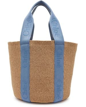Chloé Woody Logo-Embroidered Raffia Basket Bag - Blue